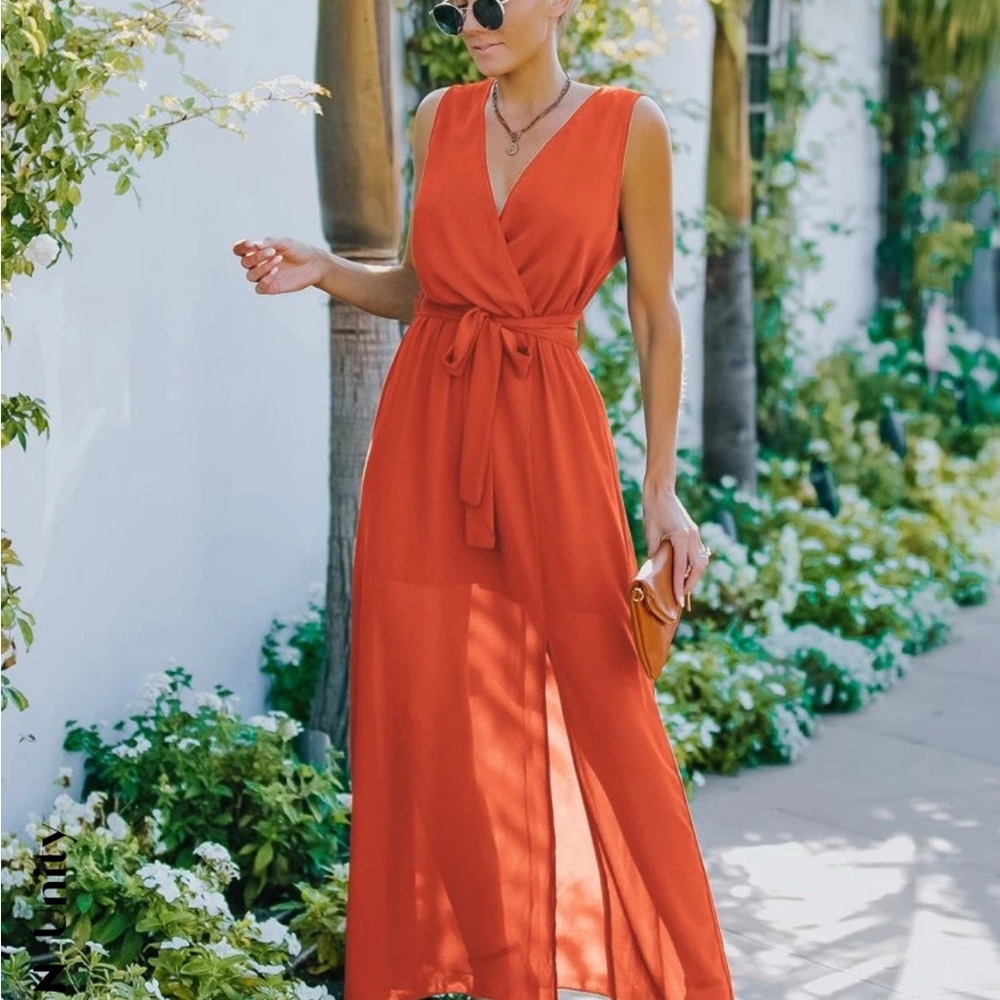 Elegant Orange Sleeveless Maxi Dress